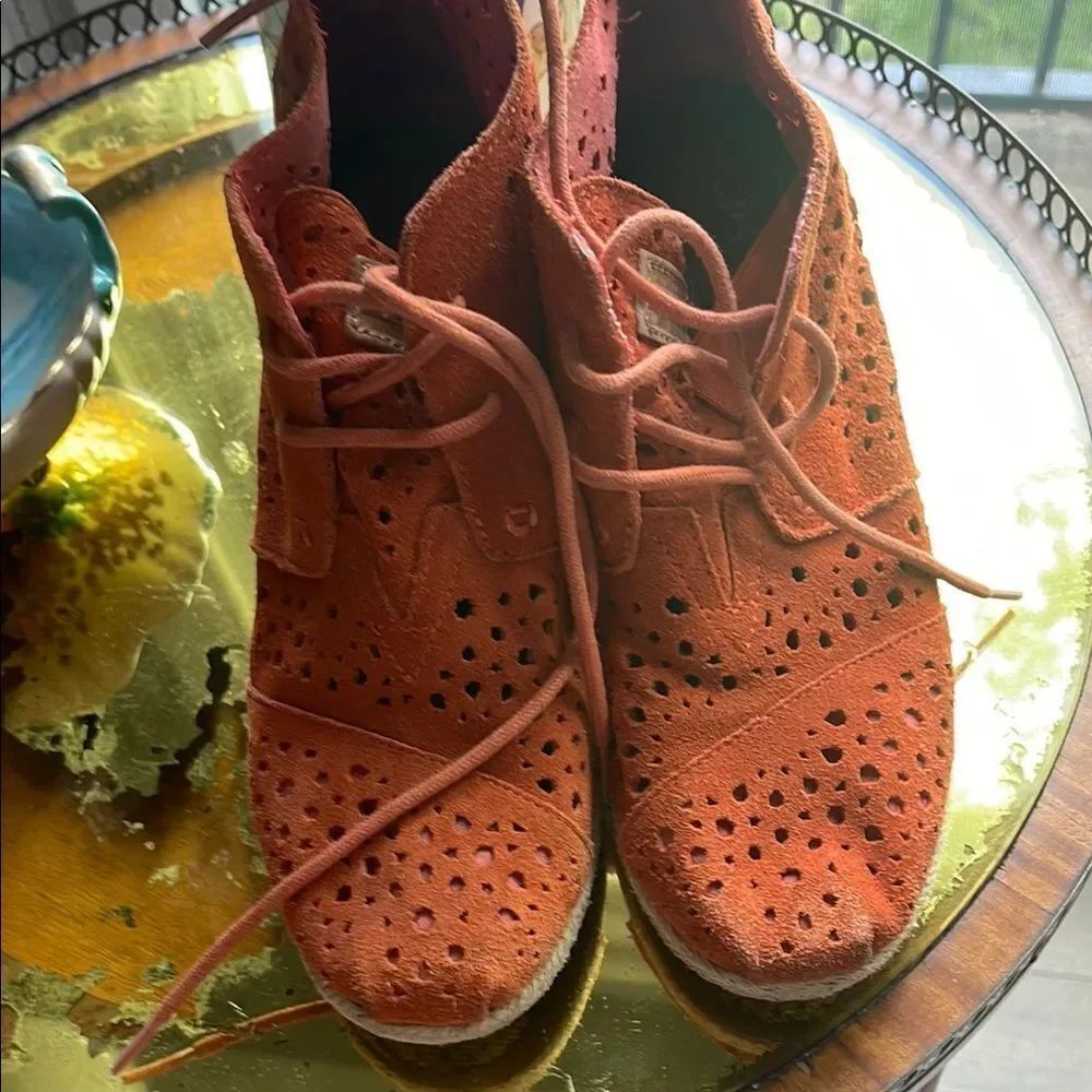 Toms Orange Wedge Shoes with Brogue Detailing